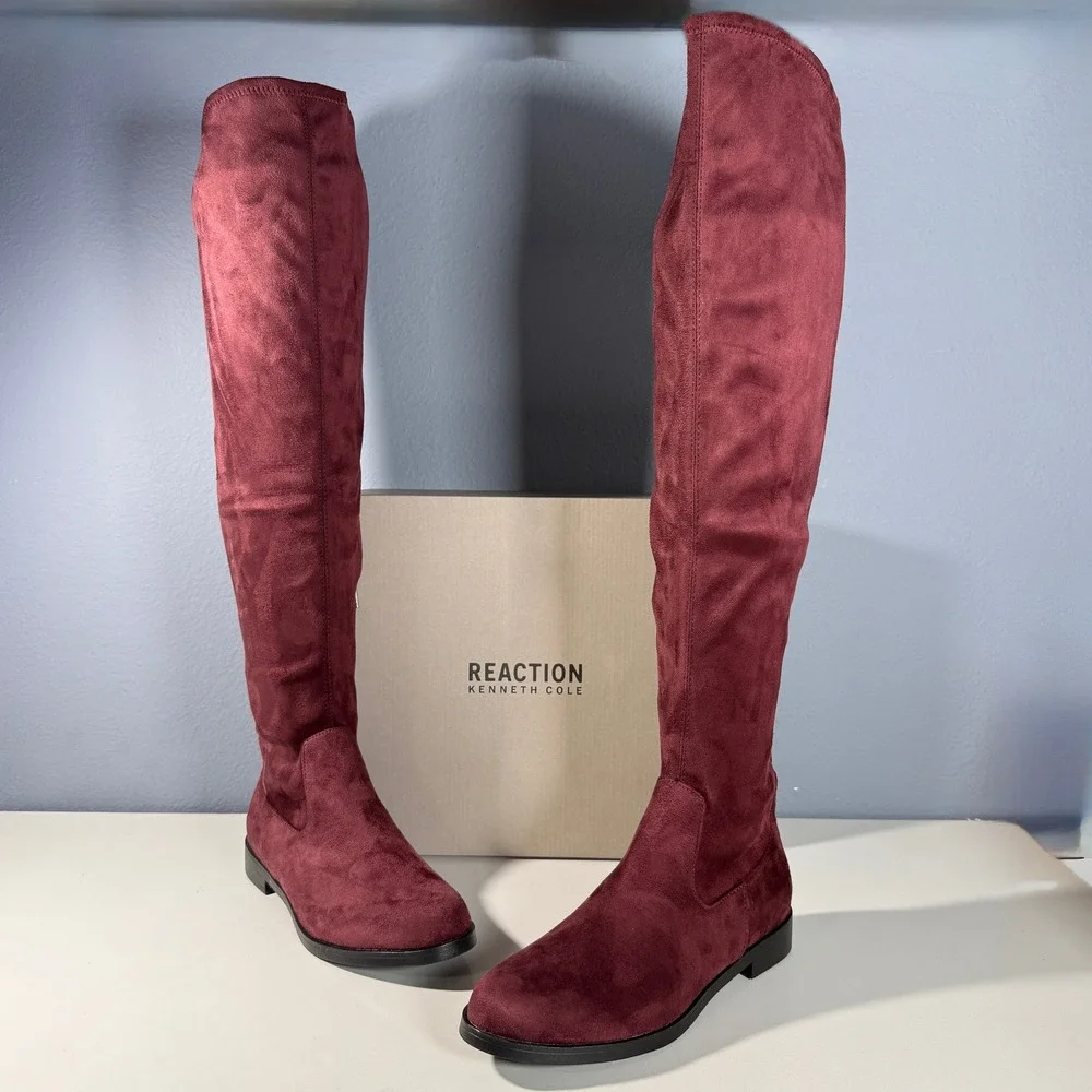 Kenneth Cole Reaction Windy Burgundy Knee High Boot Womens Faux Suede Boot 9M‎